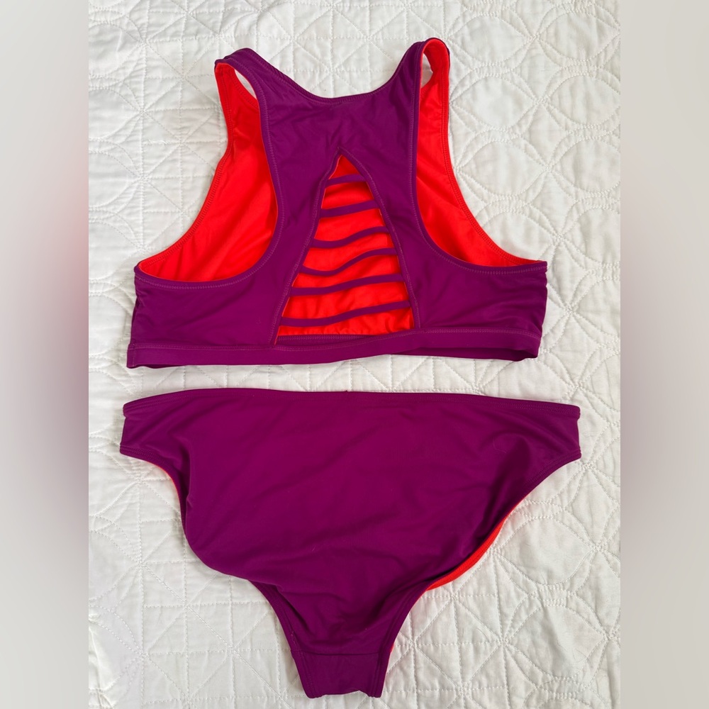 Athleta Makaha Reversible High Neck Ladder Back Bikini Purple Orange